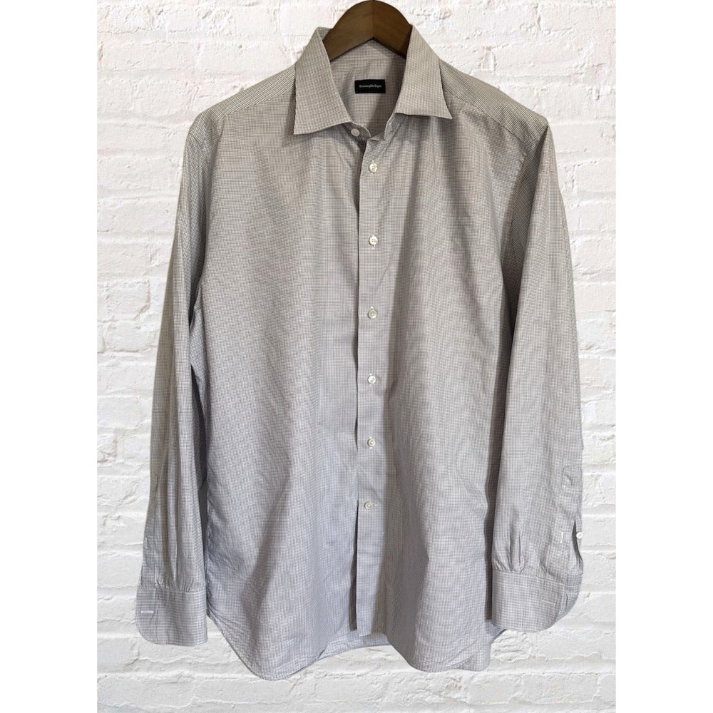 Ermenegildo Zegna Dress Shirt Mens 44/17.5 Micro Plaid Long Sleeve Button-Up